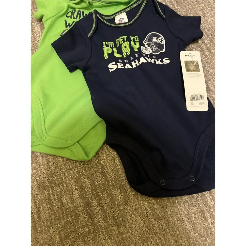 2-Infant NFL Licensed Seattle Seahawks Bodysuit Size 0-3mo Blue & Green NWT